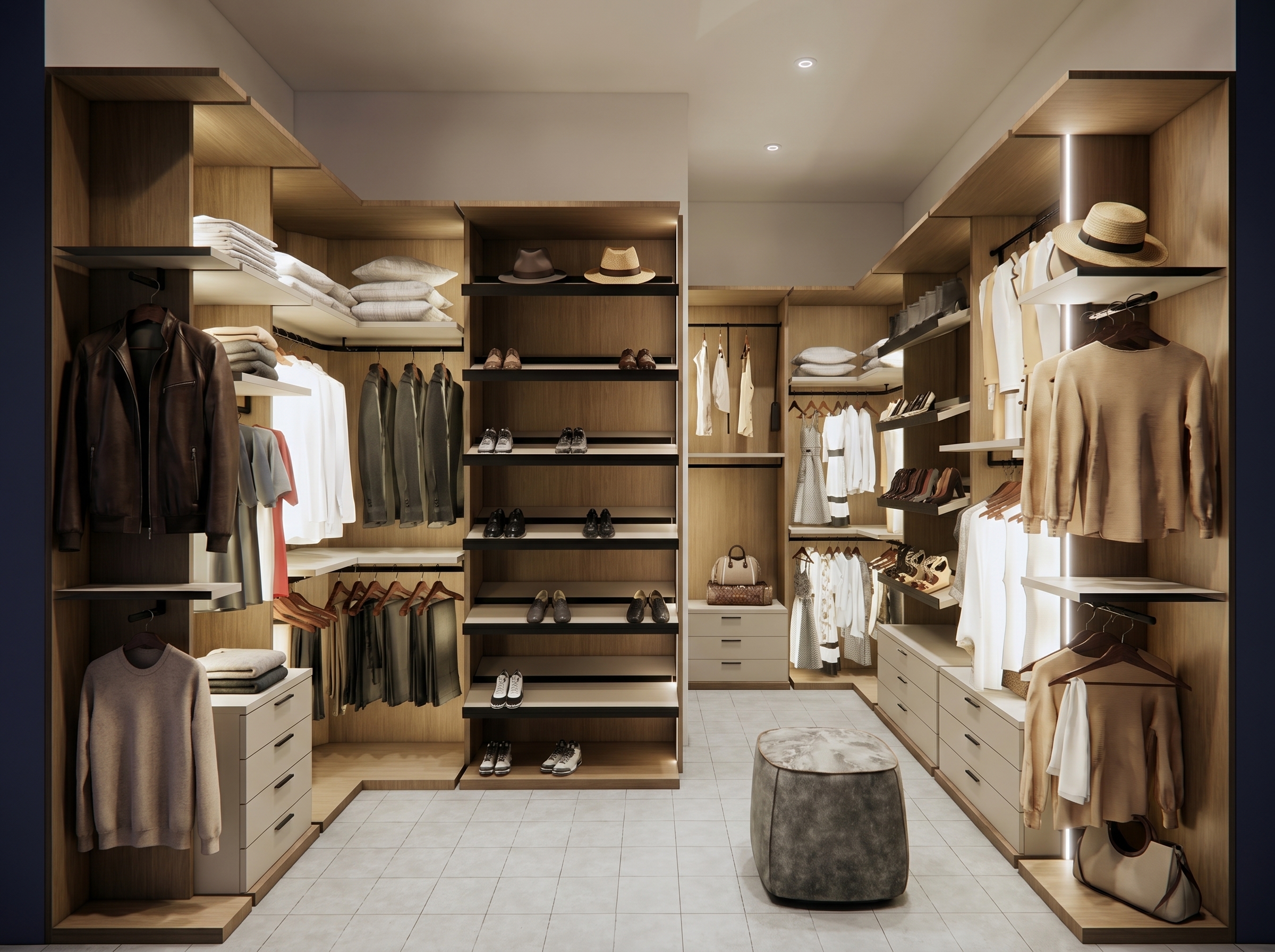 Atrium Modern Spacious master walk in wood closet with vertical LED lighting central shoe rack and ottoman