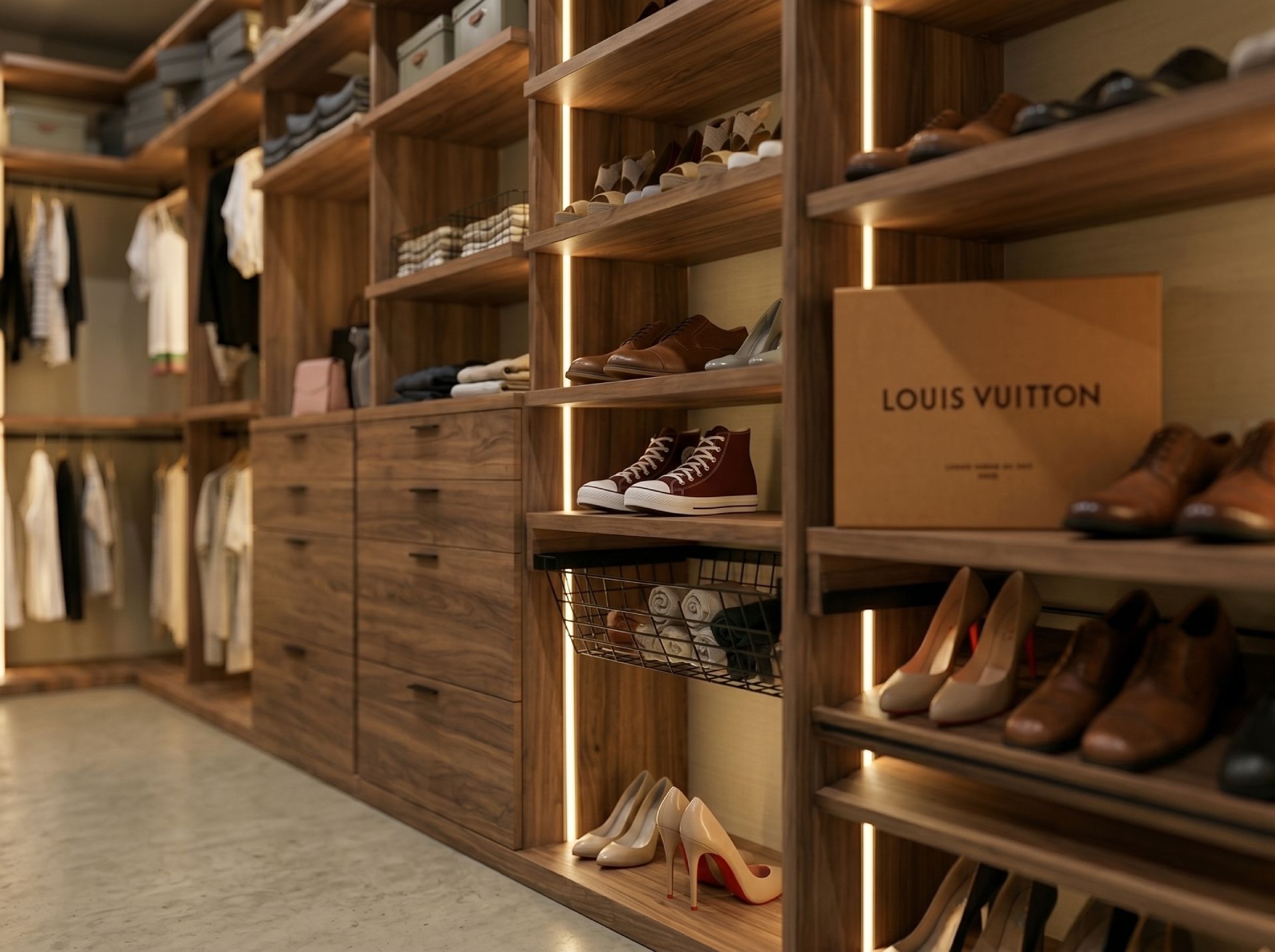 Atrium Modern Wood walk in closet detail with modular shoe