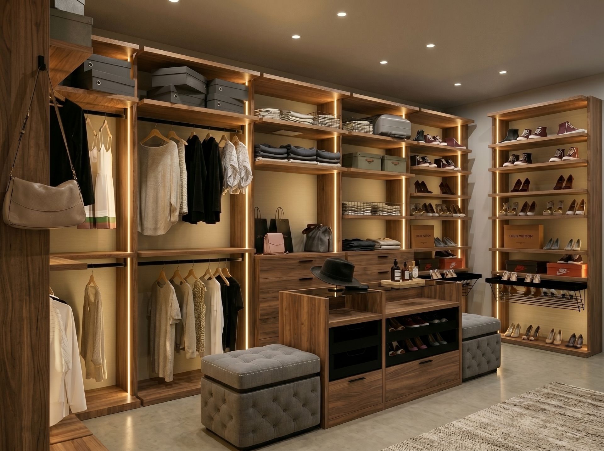 Atrium Modern open walk in wood closet with modular shoe