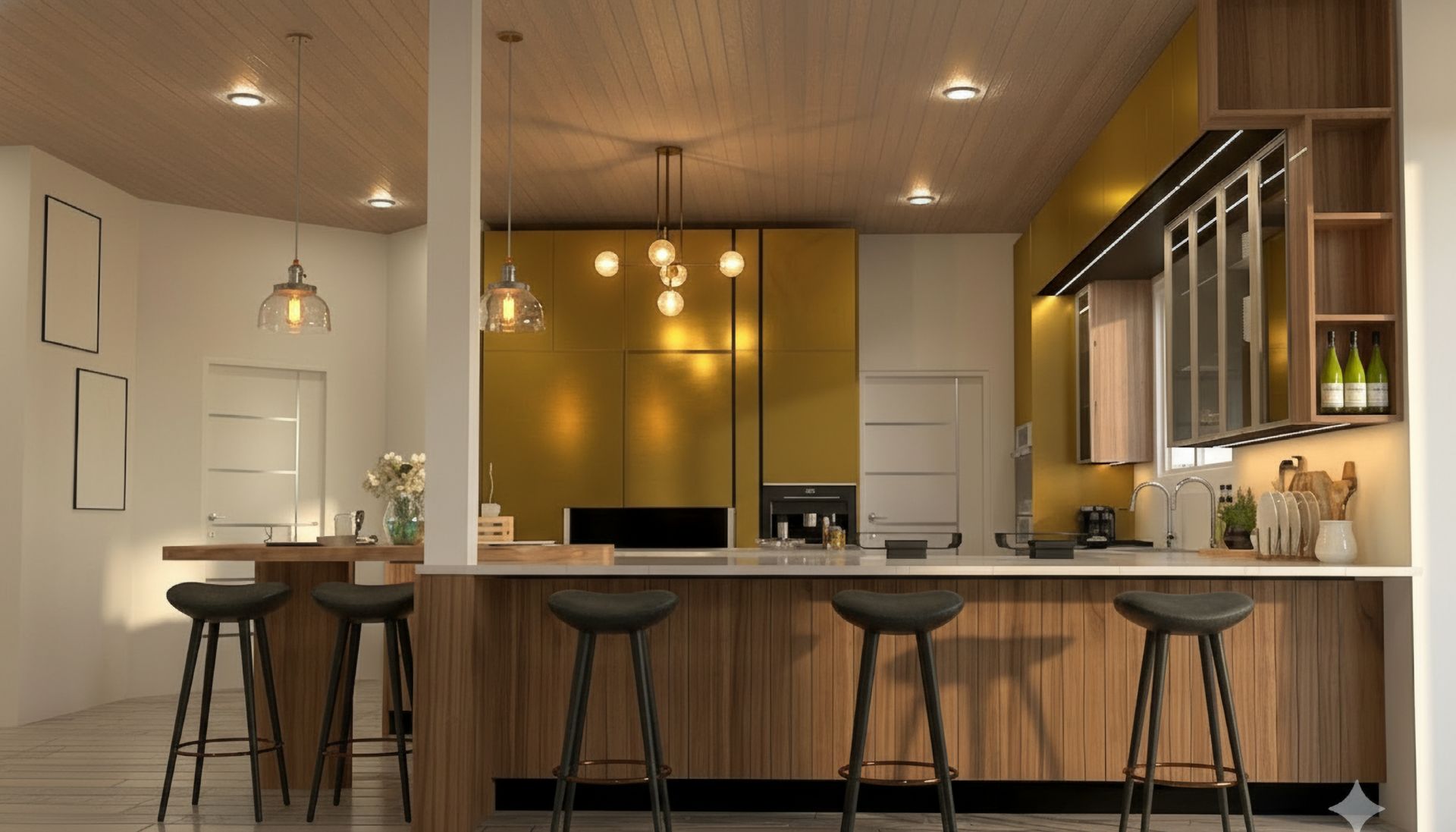 Modern Atrium Render Luxury Kitchen with Black Marble and Wood