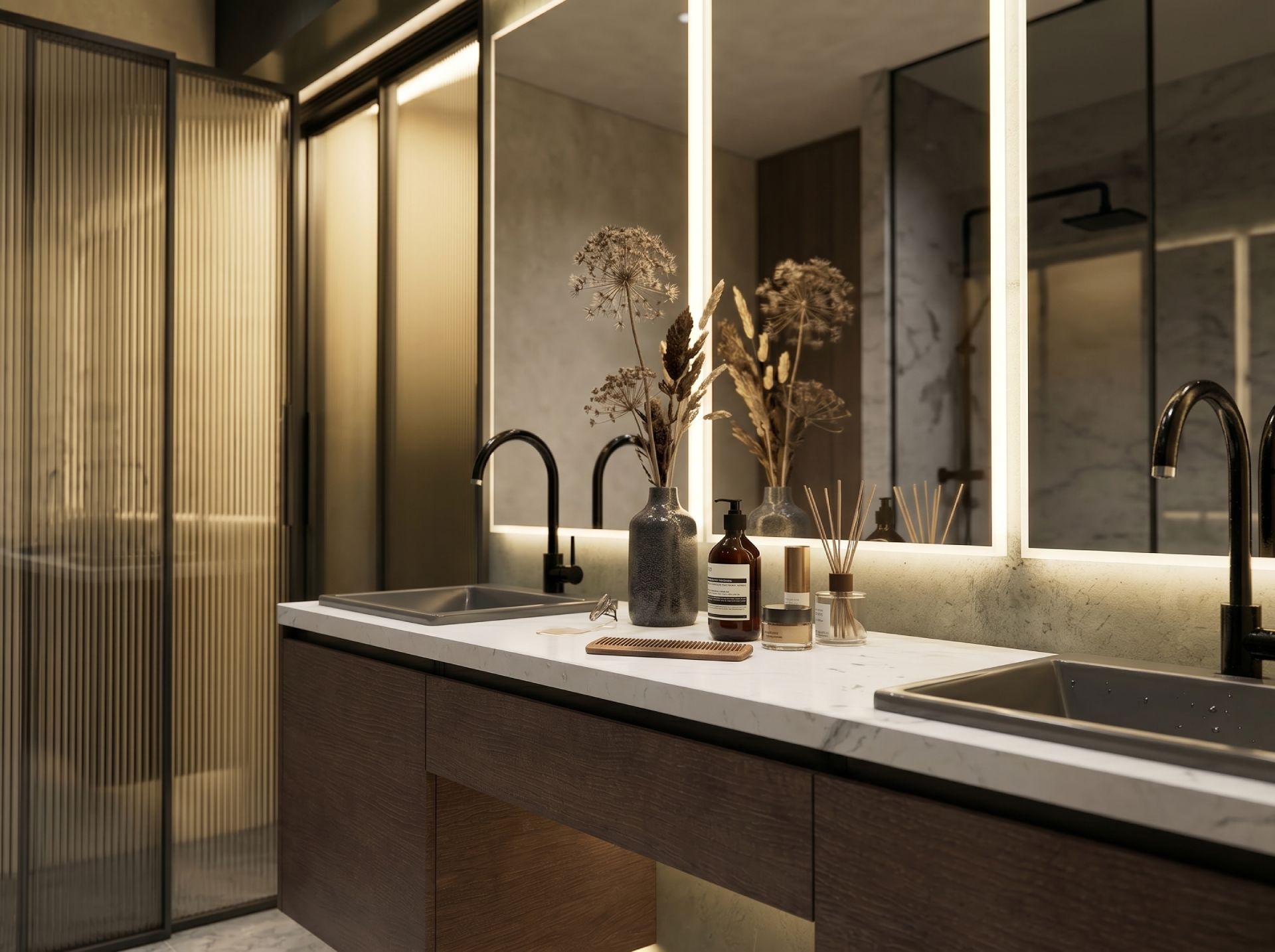 Atrium Modern Dark wood floating double vanity with matte black faucets