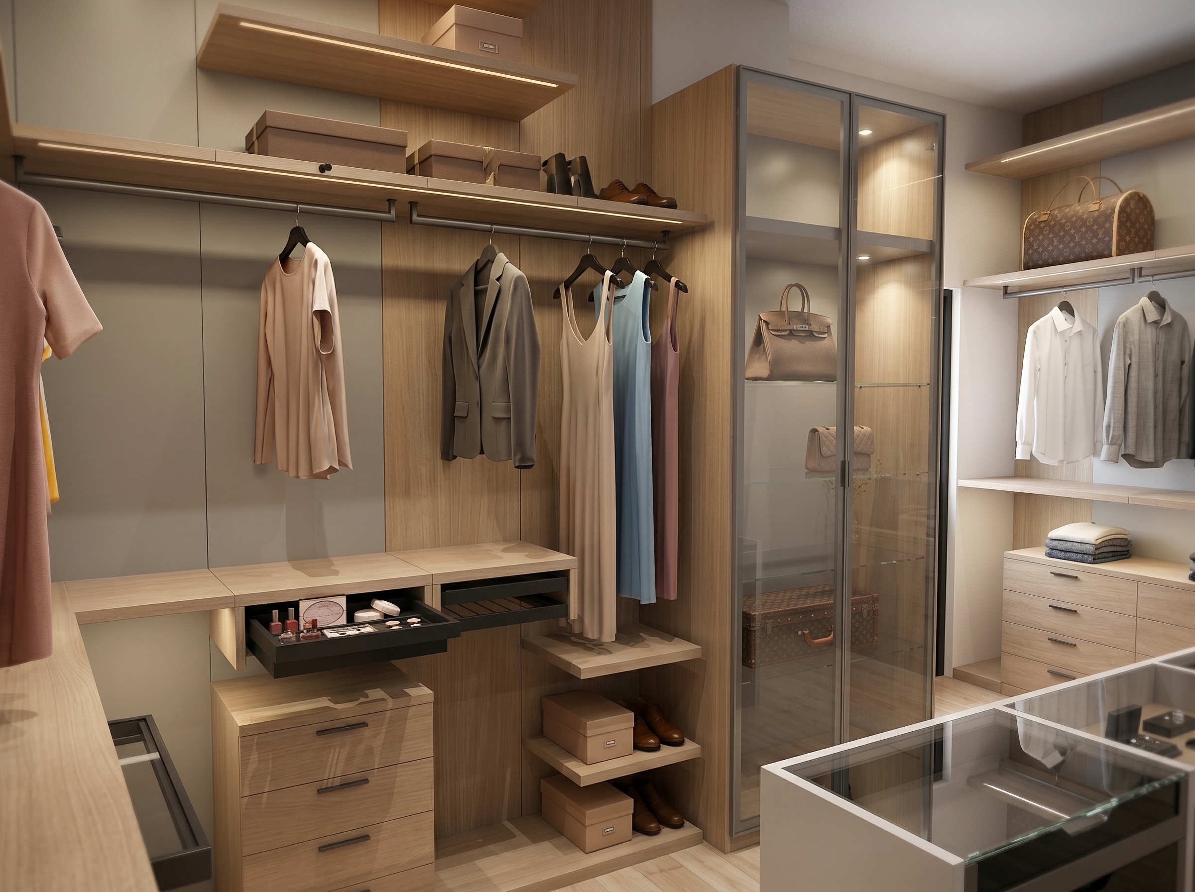 Atrium Modern closet  light wood open walk