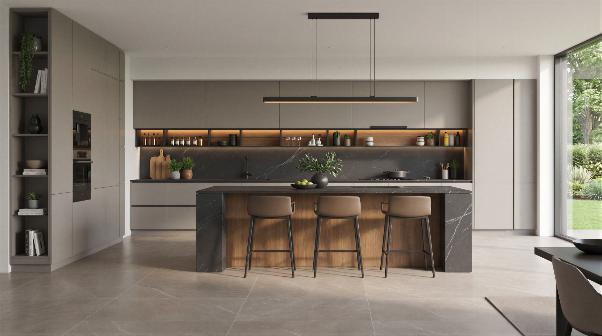 Atrium Modern Minimalist linear kitchen in a taupe shade featuring a black marble waterfall island