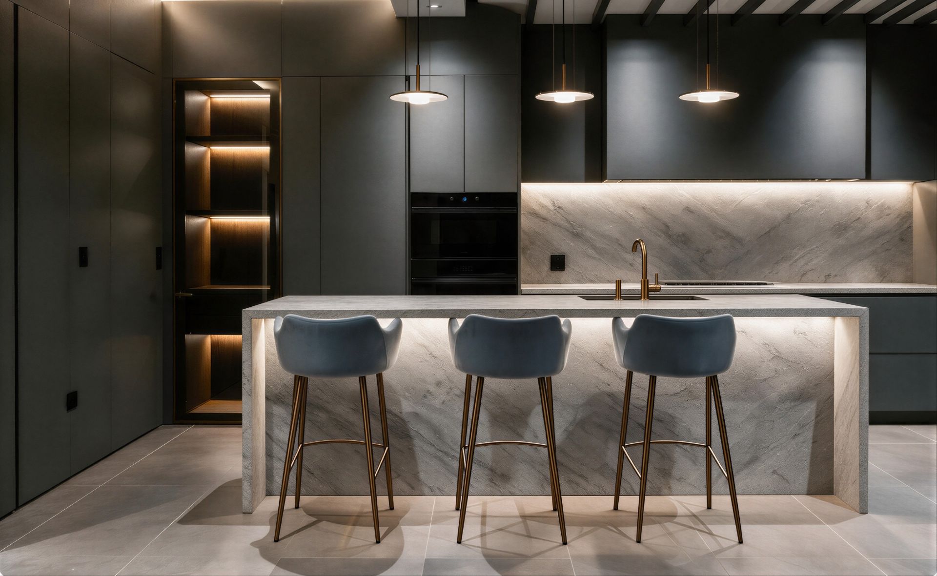 Atrium Modern matte anthracite grey kitchen with stone waterfall island under-counter