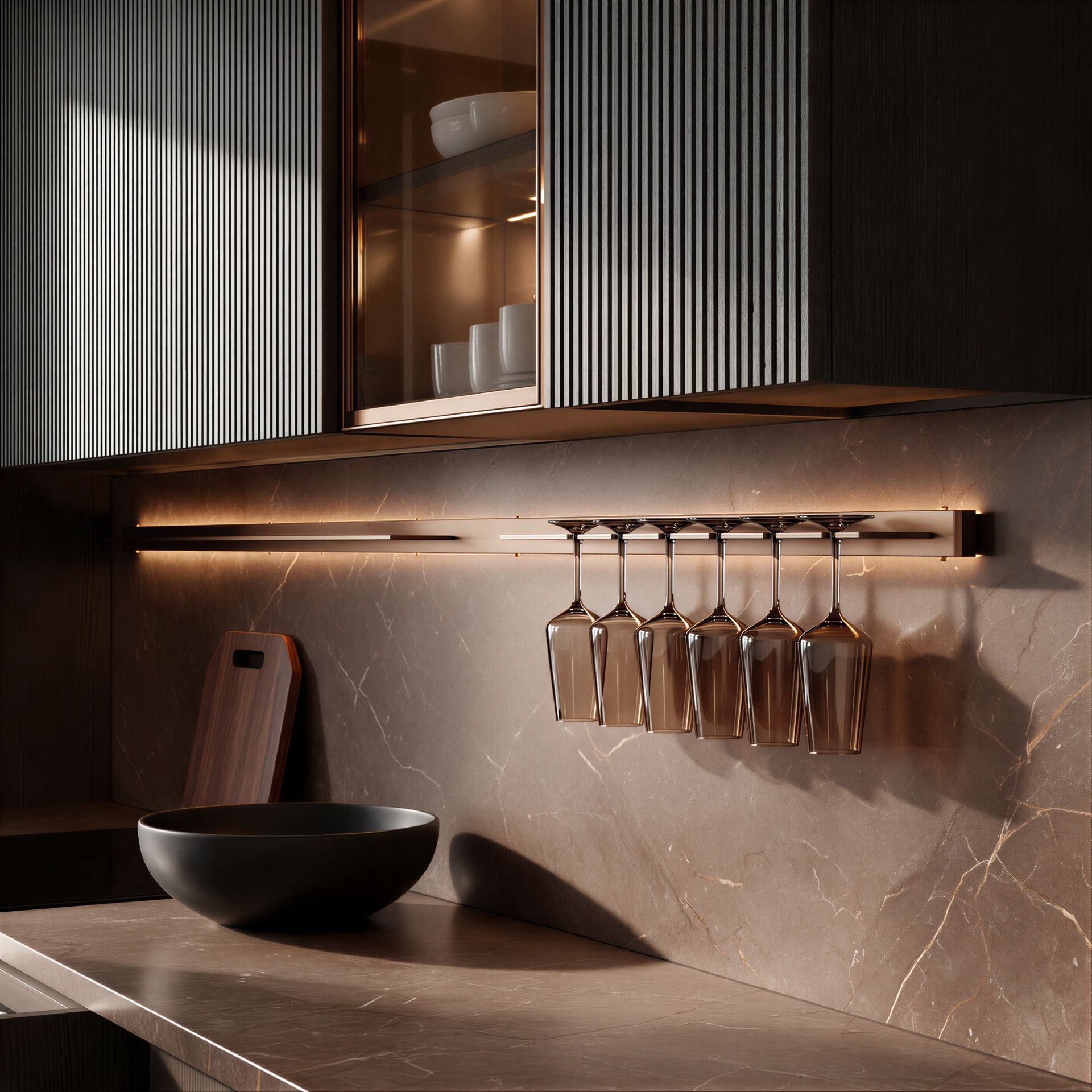 Atrium Modern kitchen detail with brown marble backsplash hanging stemware rack