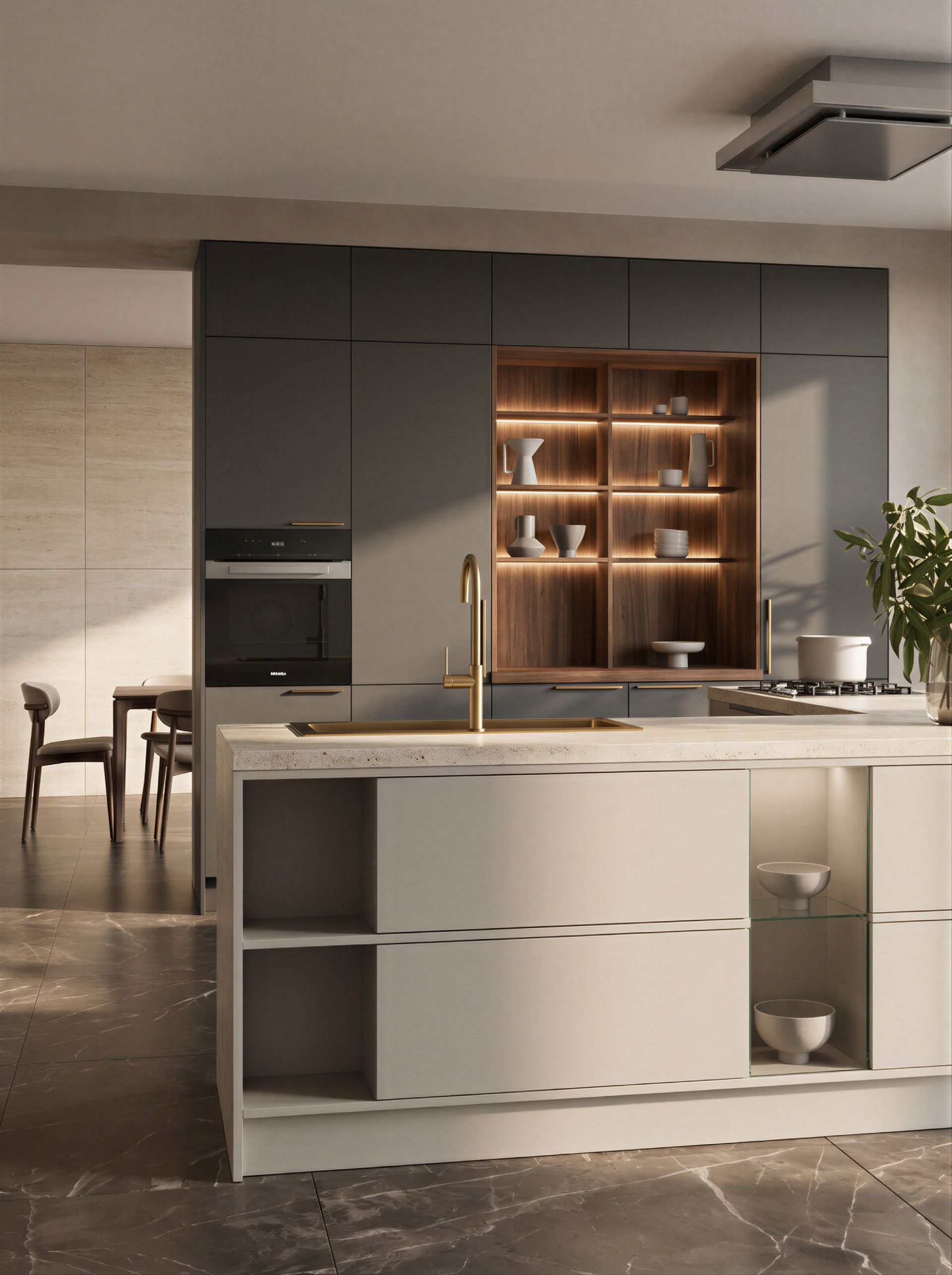 Atrium Modern Contemporary minimalist matte grey kitchen with central island