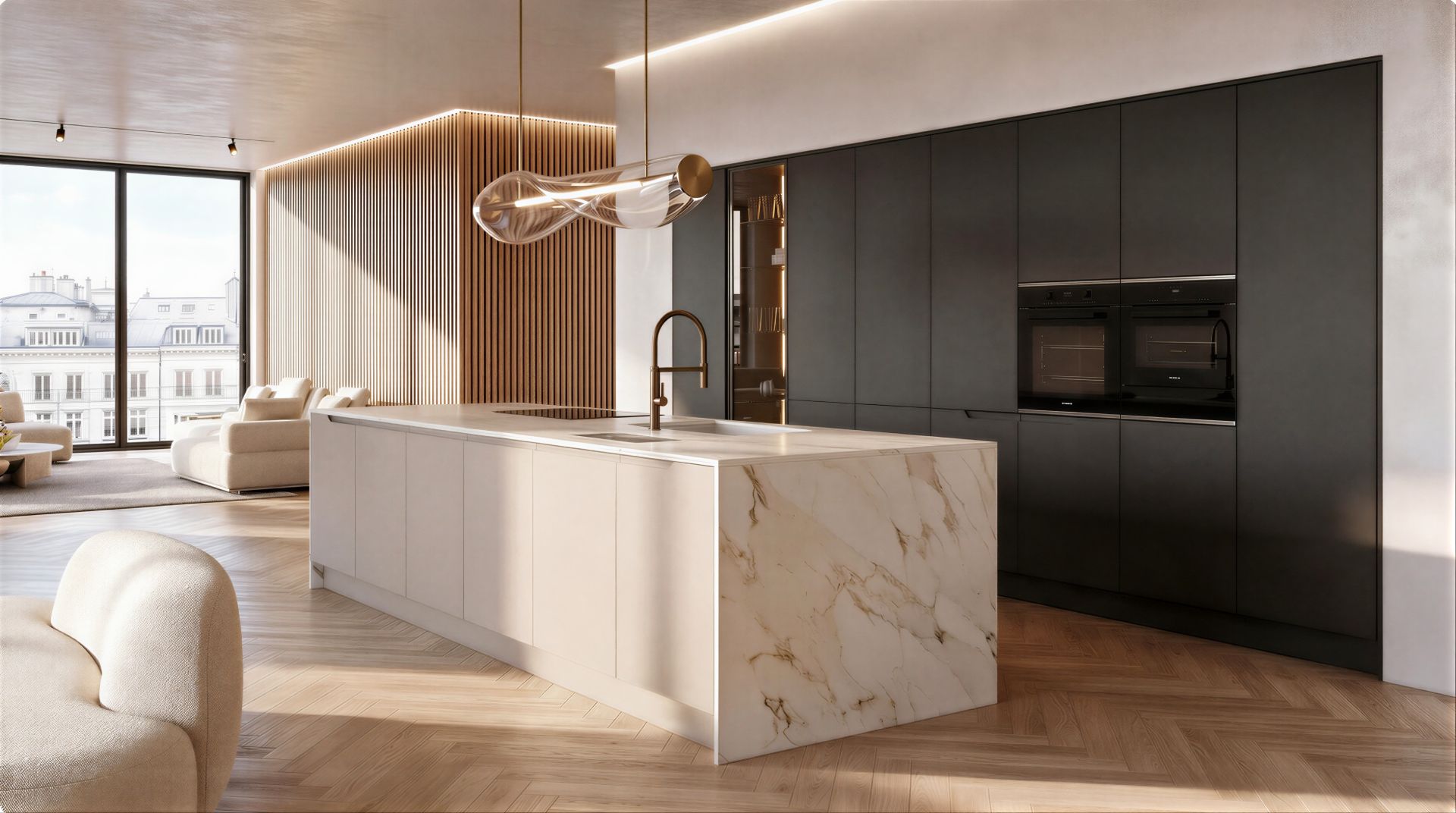 Atrium Modern Luxury minimalist matte black kitchen with Calacatta marble island slatted wood paneling