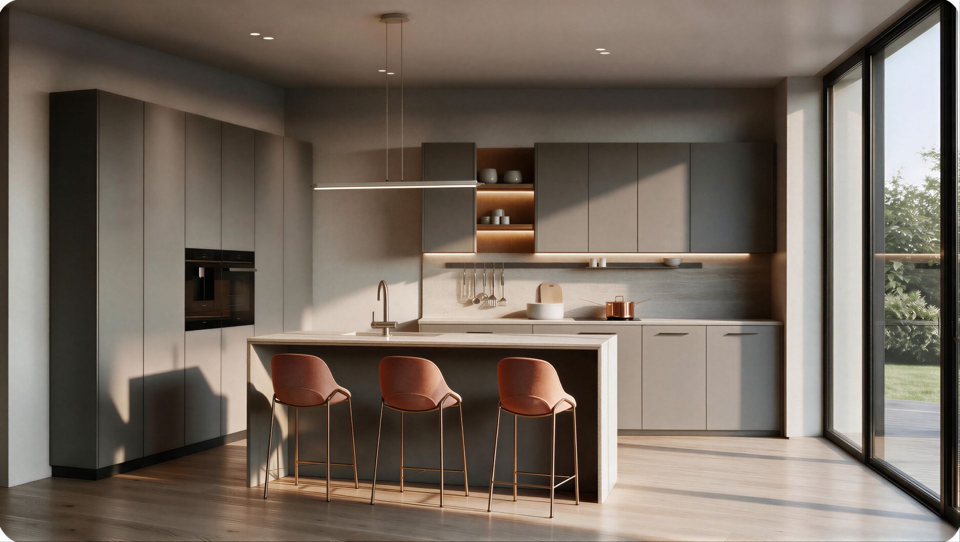 Atrium Modern minimalist light grey kitchen with waterfall island terracotta barstools