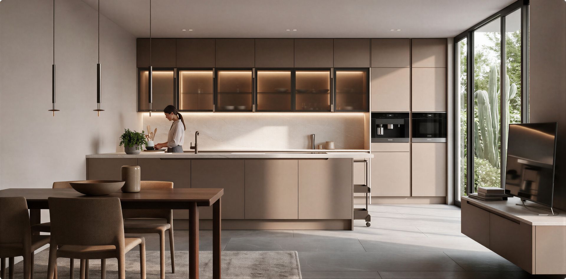 Atrium Modern minimalist matte taupe kitchen with linear island illuminated upper glass cabinets