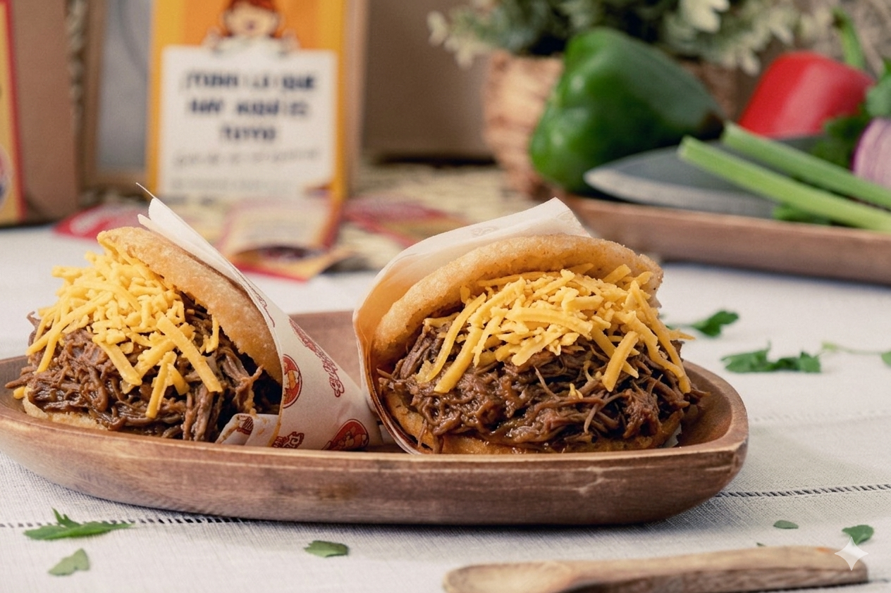 Arepa con carne mechada y queso amarillo