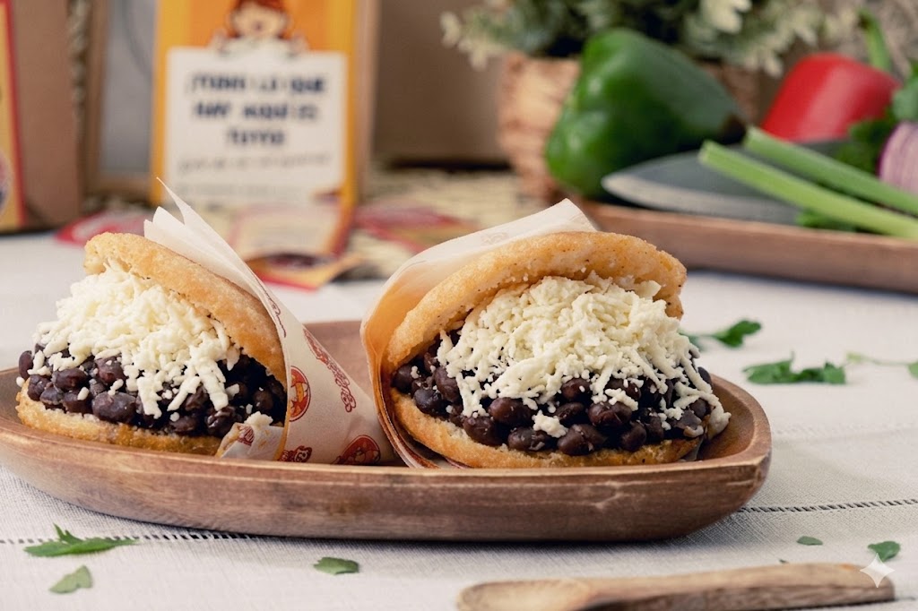 Arepa con caraotas negras y queso blanco