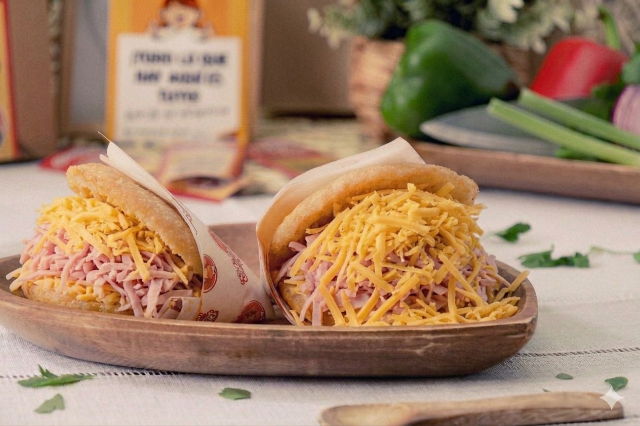 Arepas con jamón y queso amarillo